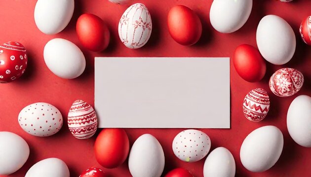 Easter banner with a blank sheet of paper and Easter red and white eggs on a bright red background. Copy space. Flat lay, top view