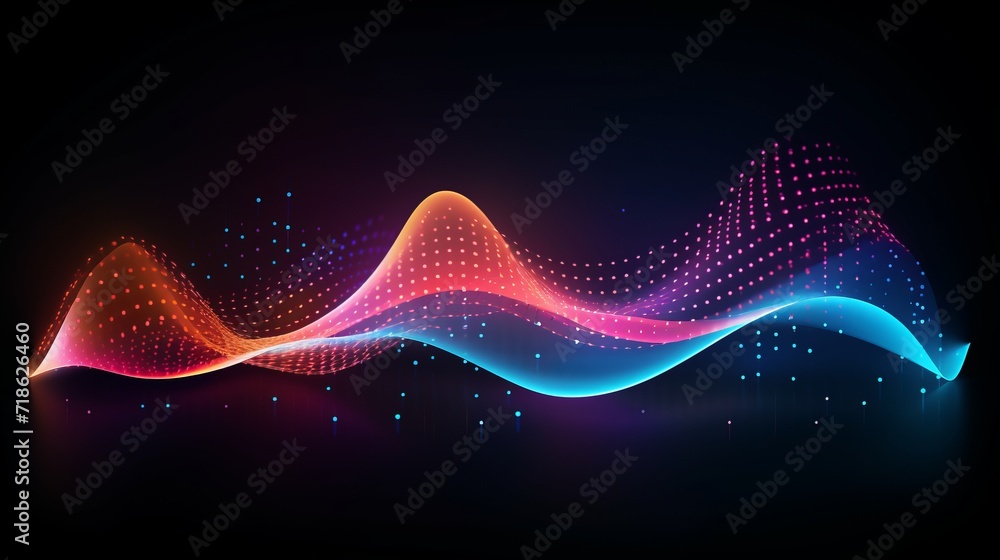 Poster vibrant digital wave: abstract colorful flowing dots and curved lines - futuristic technology concep