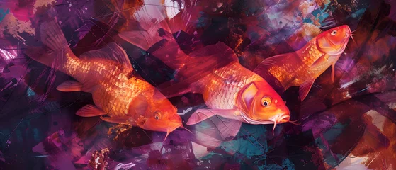 Fotobehang Painting of Two Goldfish Swimming in a Pond © Daniel