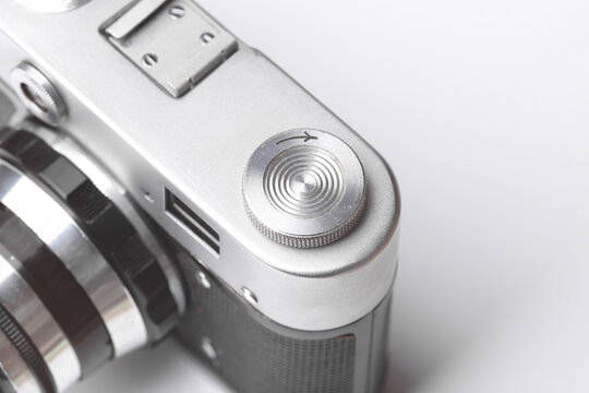 Close-up detail of a vintage film camera