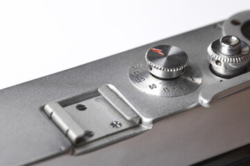 Close-up detail of a vintage film camera