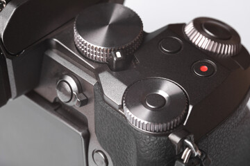 Modern camera closeup details on white background