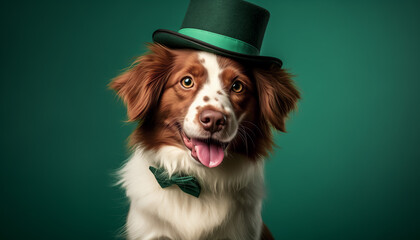 irish dog with a green hat - obrazy, fototapety, plakaty