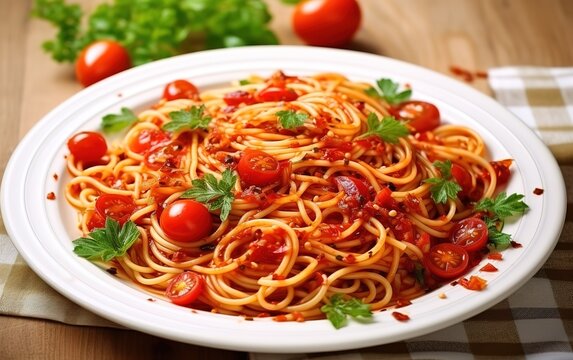 spaghetti with tomato sauce and basil. generative AI