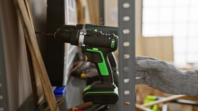 Hispanic man's hands passionately holding drill in his carpentry workshop, a testament of a carpenter's love for woodworking