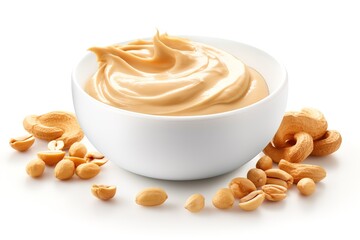 Peanut butter in a white bowl with peanuts decorated on the side. generative AI