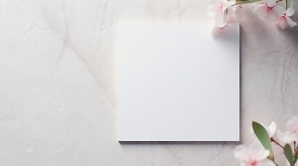 Elegant white blank card surrounded by soft cherry blossoms on a textured background.