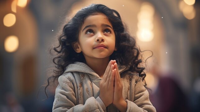 Young girl with a hopeful expression praying in a warm, illuminated indoor setting.