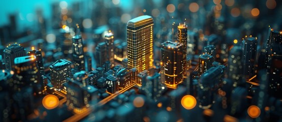animated model of the city at night, in the style of photorealist details