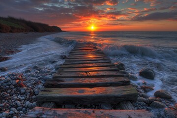 Coastal Boardwalk Sunset: Baltic Sea Waves & Golden Hour Glow