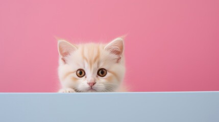 Adorable cream-colored tabby kitten peeking curiously over a blue edge against a pink background.
