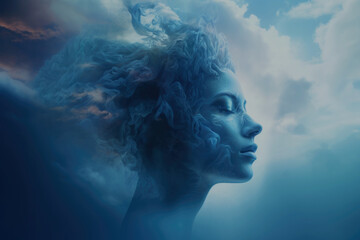 Conceptual image of a woman’s face is dissolving in to a cloudy sky - obrazy, fototapety, plakaty