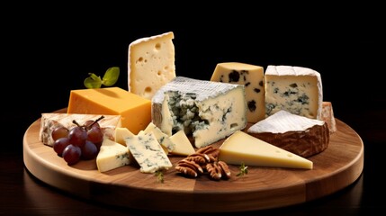A selection of gourmet cheeses on a round wooden board, perfect for a sophisticated appetizer setting.