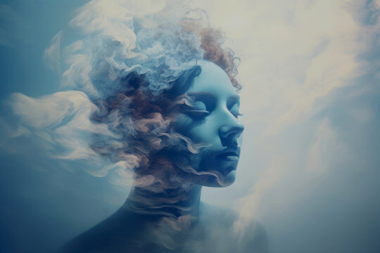 Conceptual image of a woman&rsquo;s face is dissolving in to a cloudy sky
