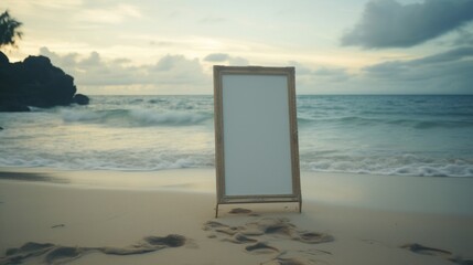 An empty picture frame stands on a sandy beach with waves and a sunset sky in the background.