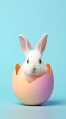 Adorable white bunny inside a cracked egg on a blue background.