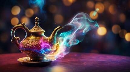 A mystical genie lamp releasing colorful smoke on a dark, bokeh-lit background.
