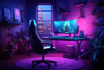 The sleek design of a gamer's ergonomic chair accentuated by vibrant neon lighting.