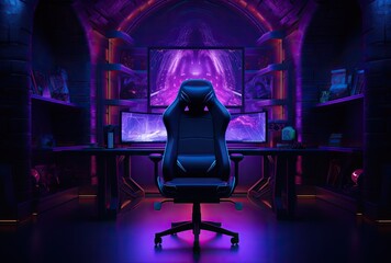 A gaming chair designed for comfort and style, situated in a room bathed in atmospheric neon lights.