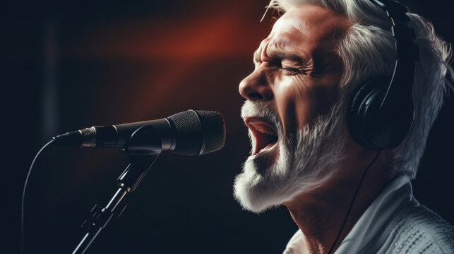 Silver-haired singer commanding the mic,  a voice forged by years