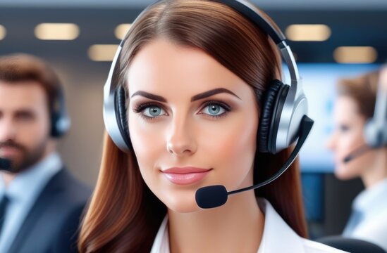 Call center consultant with headset close-up