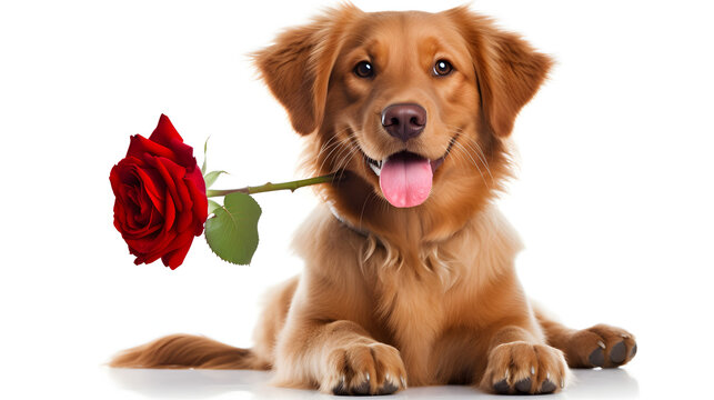 Cute portrait dog sitting and looking at camera with red rose in its mouth isolated on a white,,
St. Valentine's Day concept. Funny portrait cute puppy dog border collie holding red rose flower in mou