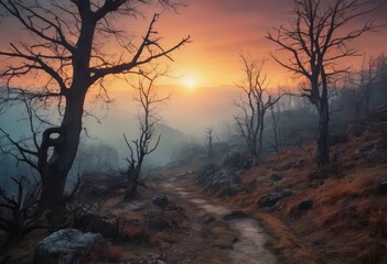 Scorched earth with dirt walking track, path through burnt landscape after bushfire, forest fire
