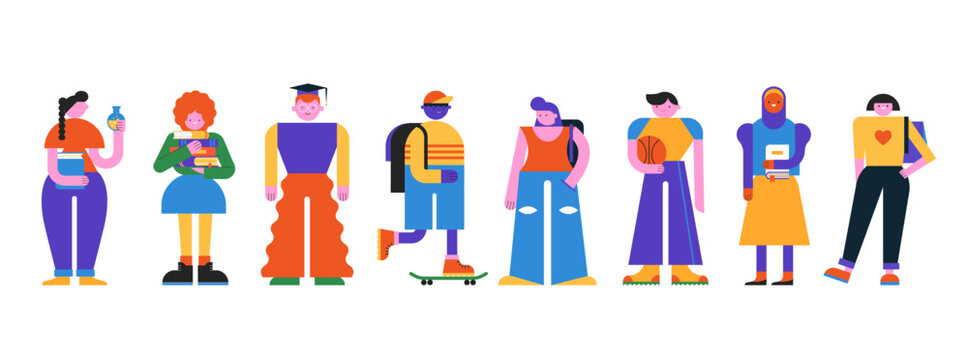 Collection of Education, Students, Teenagers geometric characters, illustrations. Education, learning, online school concept design
