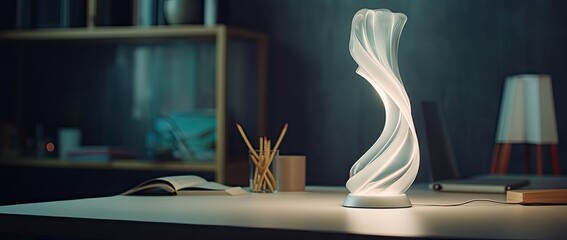 Obraz premium A modern and futuristic desk lamp illuminating a table with sleek and contemporary design.