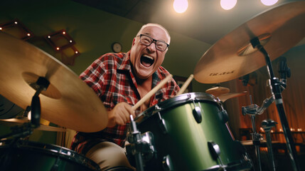 Fototapeta na wymiar Grandpa drummer hitting beats like hes lived every rhythm