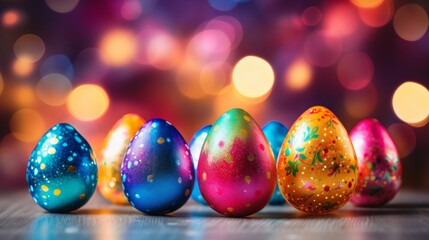 Painted Easter eggs with various patterns displayed against a vibrant bokeh light backdrop.