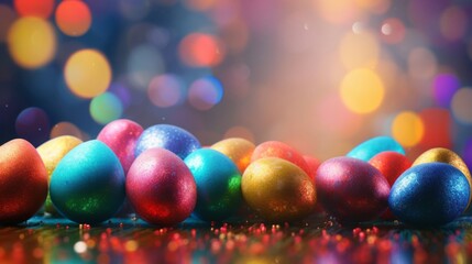 A collection of vividly colored Easter eggs displayed on a reflective surface with sparkling lights.