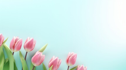 A cluster of pink tulips with fresh green stems set against a calming light blue backdrop.