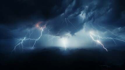 A powerful thunderstorm with dramatic lightning strikes illuminating the dark skies over the ocean.