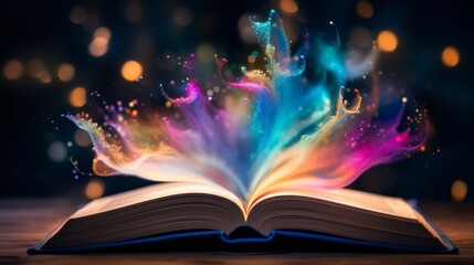 Open book on wooden table bursting with colorful magical particles, symbolizing imagination.