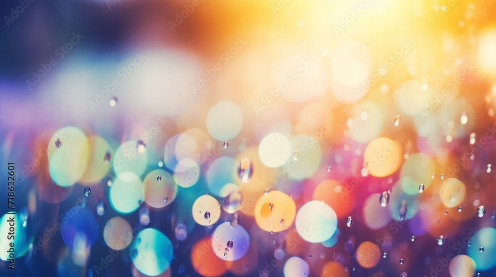 Aufkleber an abstract blend of raindrops and colorful bokeh lights, creating a vibrant backdrop.