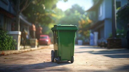A quiet suburban street on garbage collection day with a green bin awaiting pickup.
