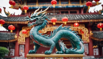 Green dragon statue in front of a traditional Asian architectural structure adorned with red lanterns. 