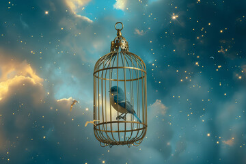 Vivid Blue and Yellow Bird in a Golden Cage