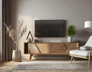 TV cabinet in a scandinavian decor living room.3d rendering. Generative AI.