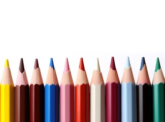 Row of colored pencils in the photo over a white background. generative AI