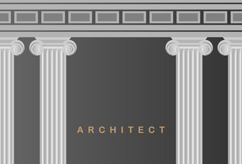 Building ancient monument background. Roman style architecture bureau with ionic column. Raster illustration column capitals classical Greek 
