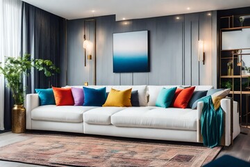 L shaped big sofa with colorful cushions