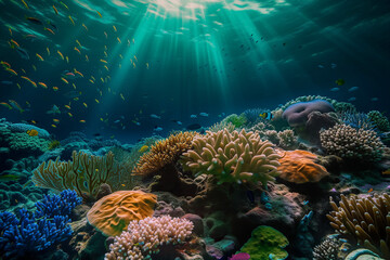 Fototapeta na wymiar Underwater Paradise: Coral Reef Teeming with Tropical Fish