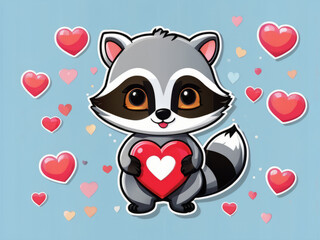 Fototapeta premium Stickers of a cute raccoon with hearts in cartoon style 
