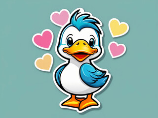 Stickers of a cute duck with hearts in cartoon style 