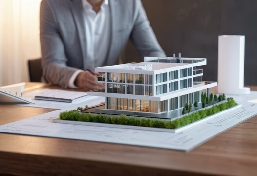 concept 3d render miniature model maquette of small skyscraper building on table in real estate agency. signing mortgage contract document demonstrating. futuristic business.