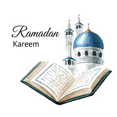 Holy Quran book. Design element for Ramadan or other religious Islamic holidays. Hand drawn watercolor illustration isolated on white background