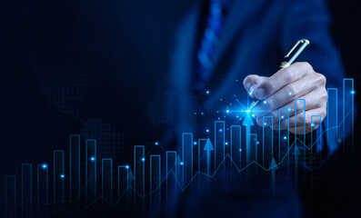 graph chart economic growth business in the stock market, strategy analysis investors to invest. concept of trade forex digital technology online, Buy and sell stocks, rate exchange trader. index fund
