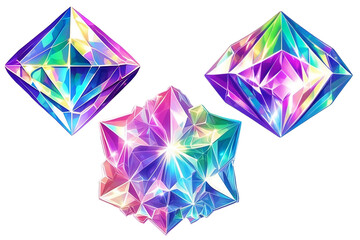 Set of different colored gems on a light background. Vector illustration. Colored diamond. Abstract polygonal crystal. Illustration of a crystal. holographic sticker on a transparent background. - obrazy, fototapety, plakaty